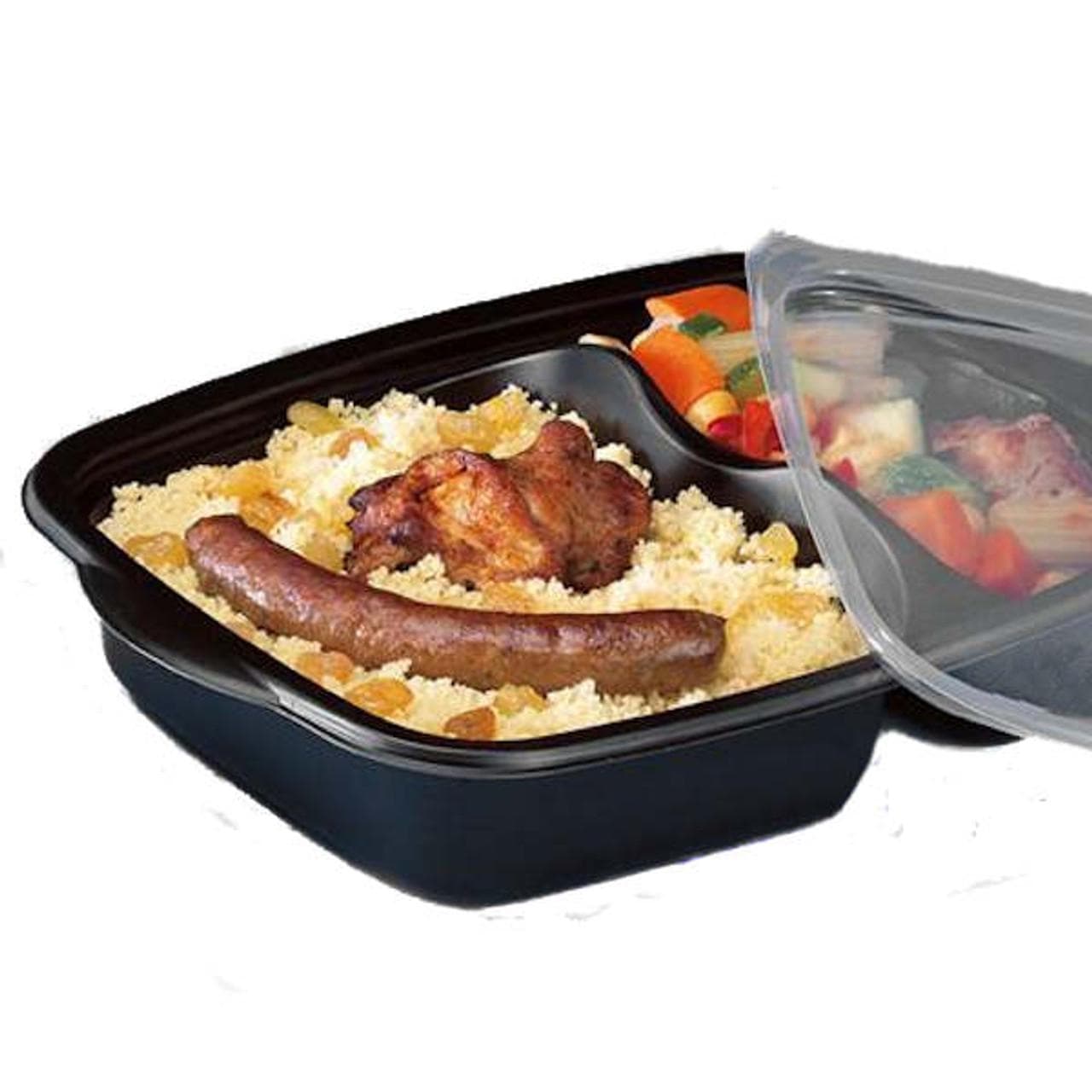 Attieke bowl served with chicken sausage, grilled plantain, crunchy salad, and tomato sauce