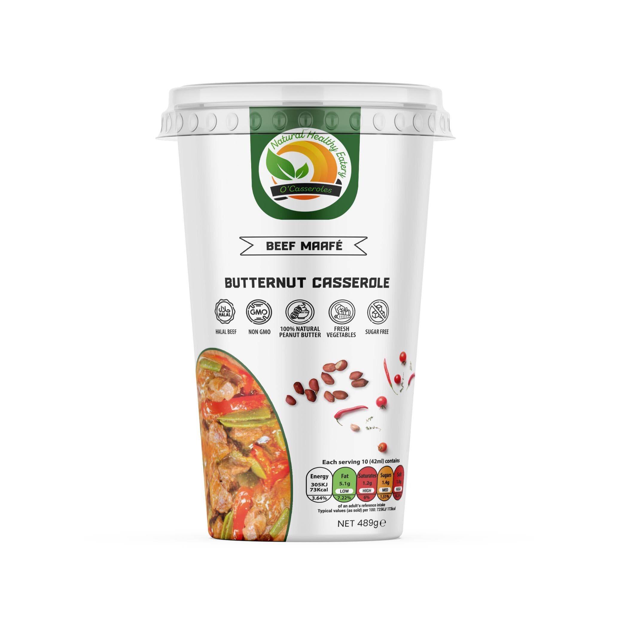 Tub of Beef Maafé Butternut Casserole with nutritional label, net 489g